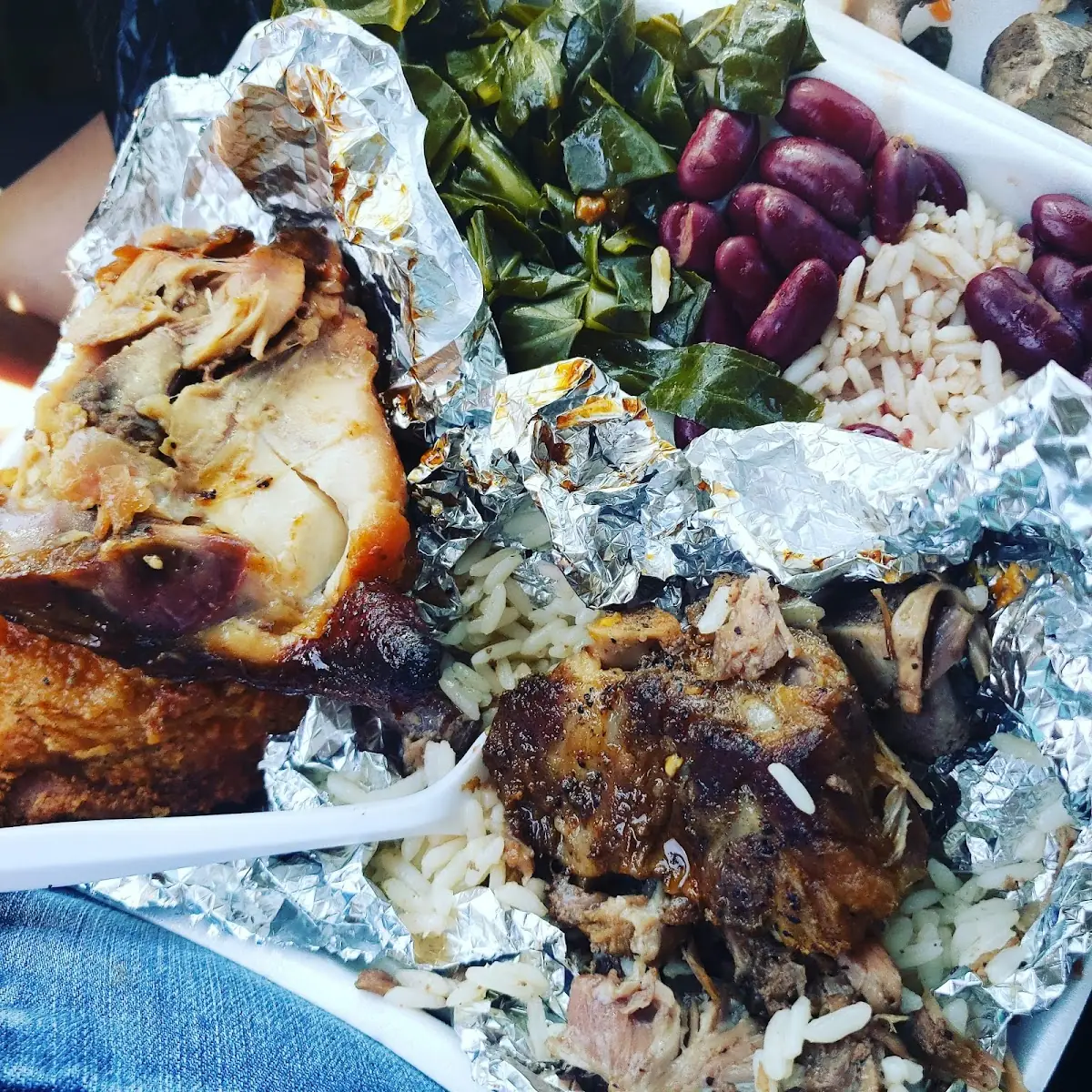 Neck Bones and Chicken with Red Beans and Rice Collards and Cornbread