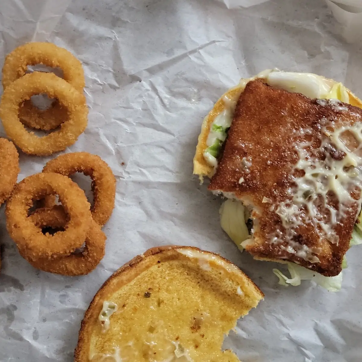 Old Fish Sandwich and Onion Rings