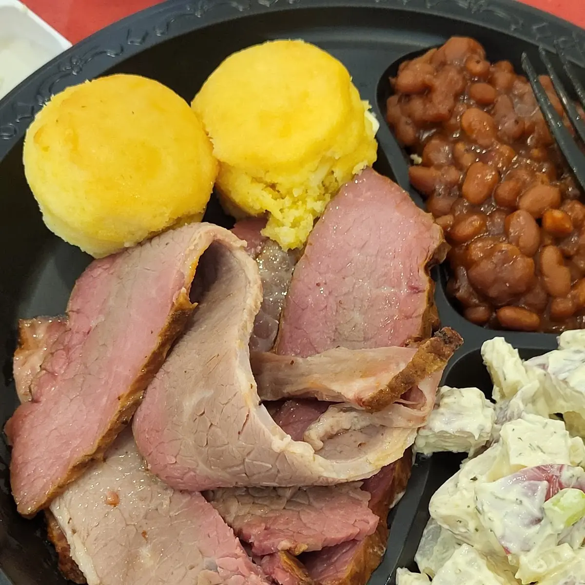 Brisket with Potato Salad and Cornbread
