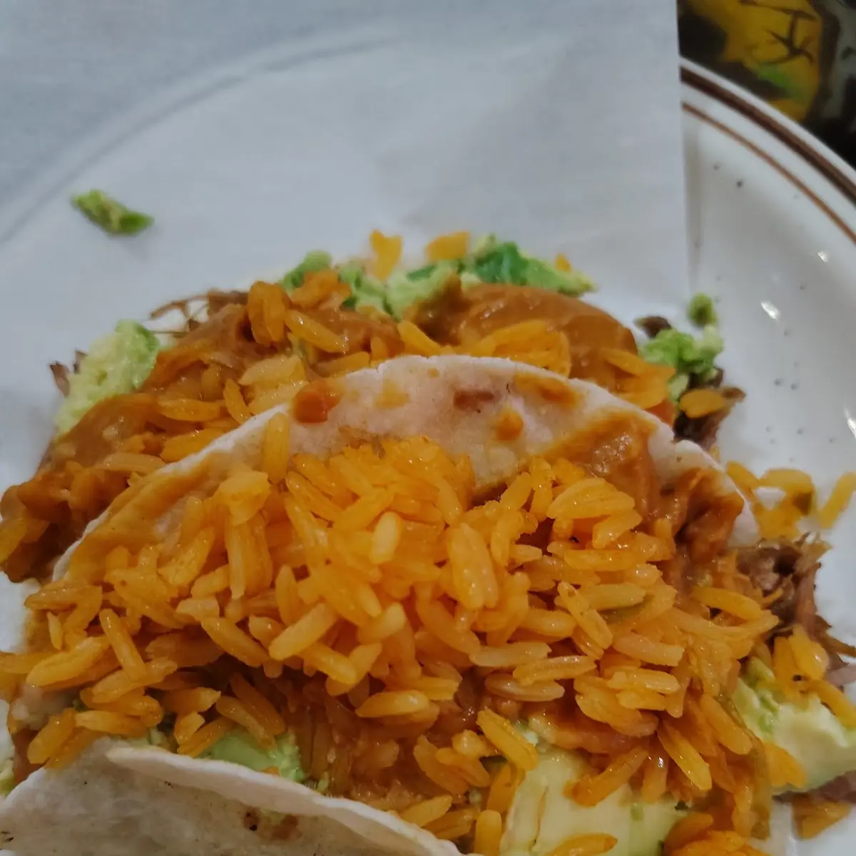 Tacos Carnitas with Rice Beans and Avocado