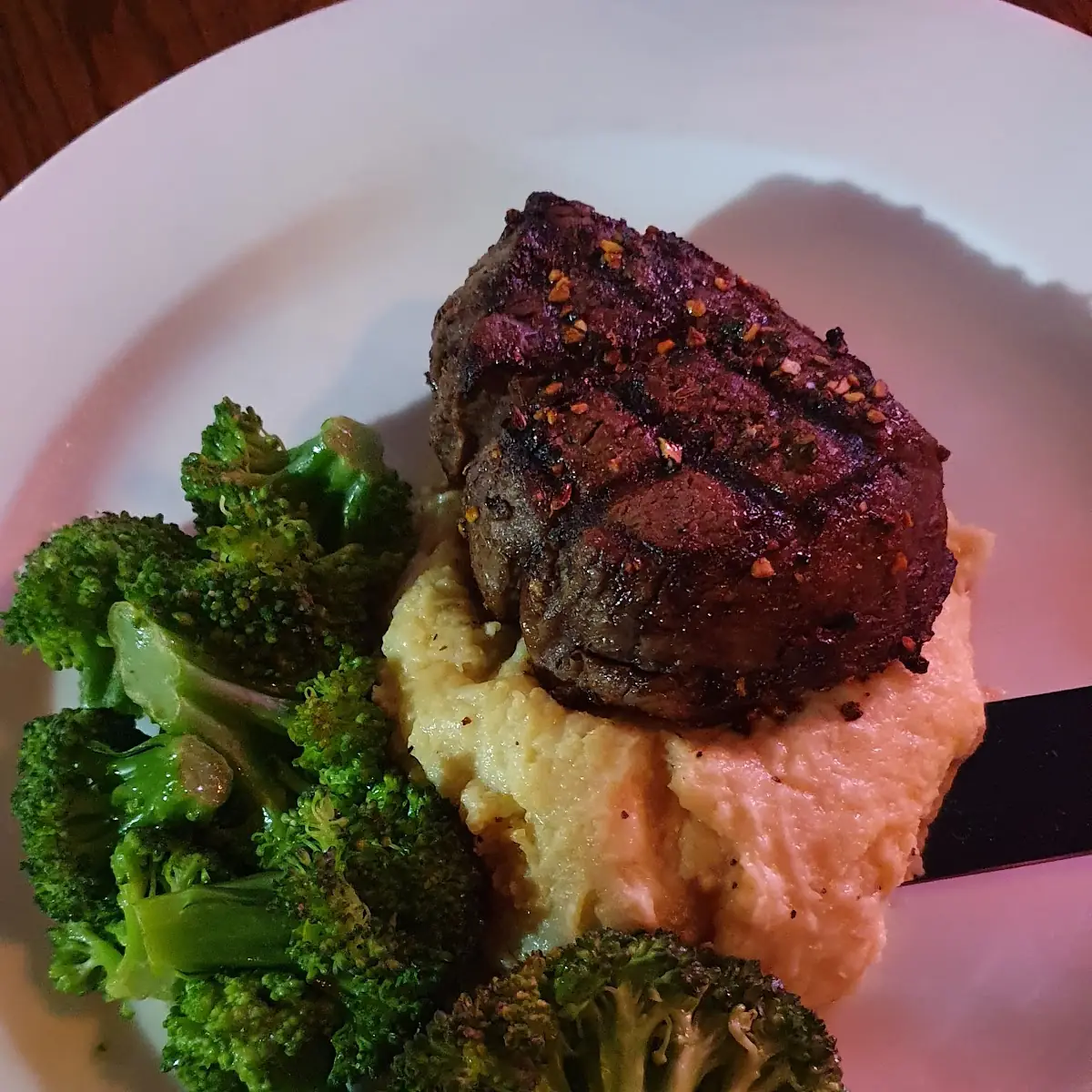 Filet with Steamed Broccoli and Mashed Potatoes
