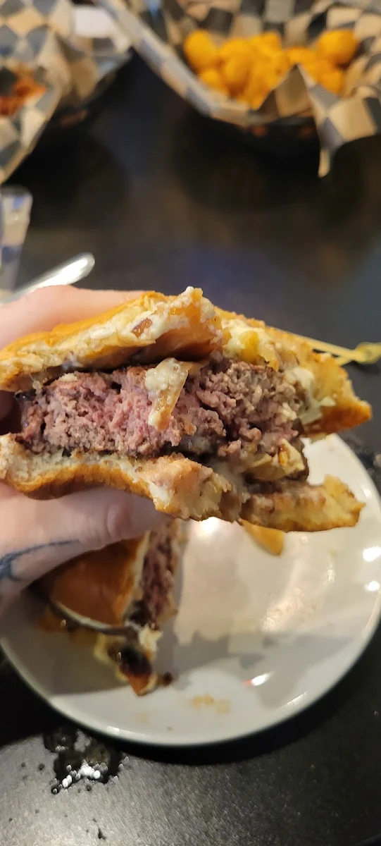 Garlic Burger with Blue Cheese Crumbles and Fried Okra