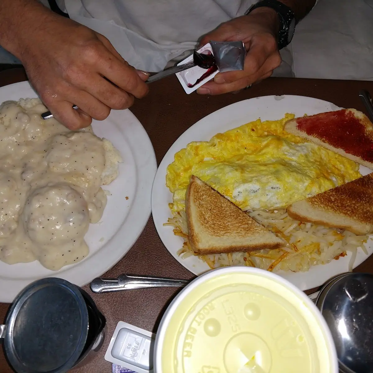 Biscuits and Gravy with Hash Browns Eggs and Toast