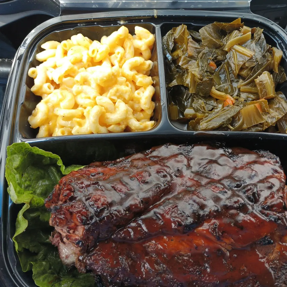 BBQ Ribs Mac and Cheese and Collard Greens