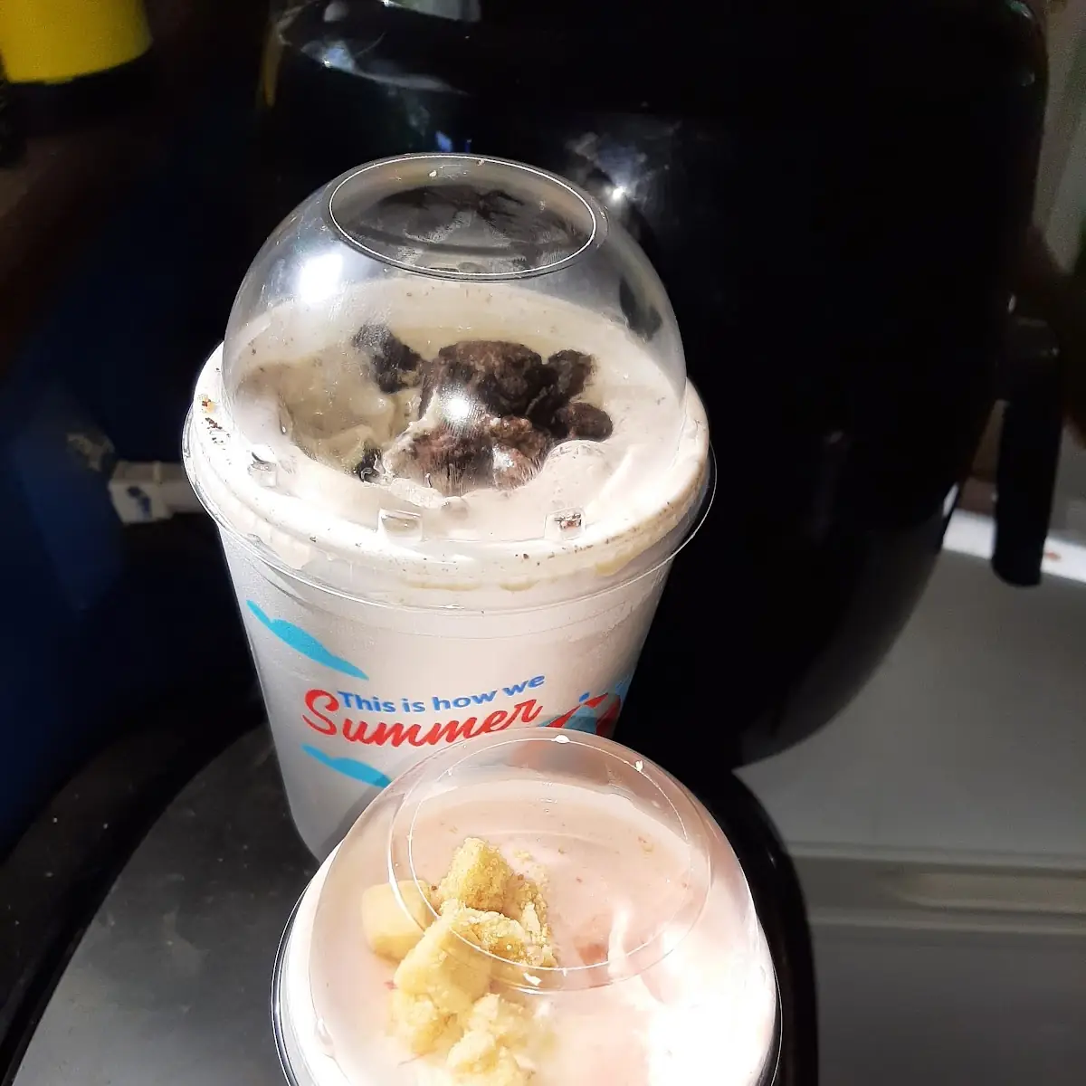 Small Strawberry Cheesecake Blast and Large Oreo Cookie Blast