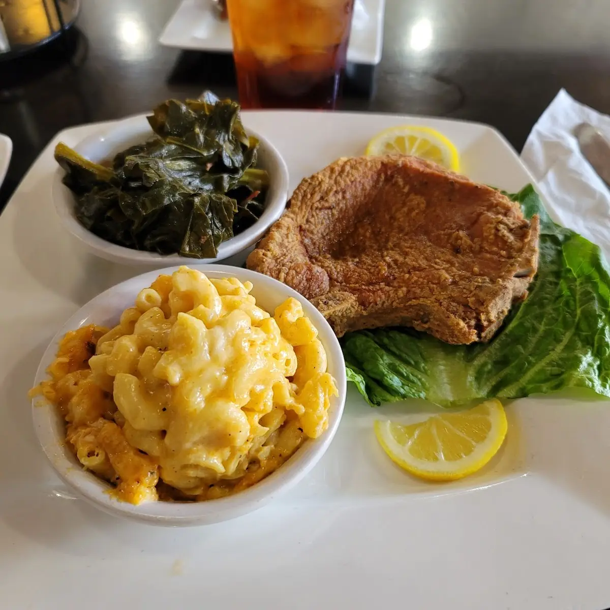 Pork Chop Mac and Cheese Collard Greens