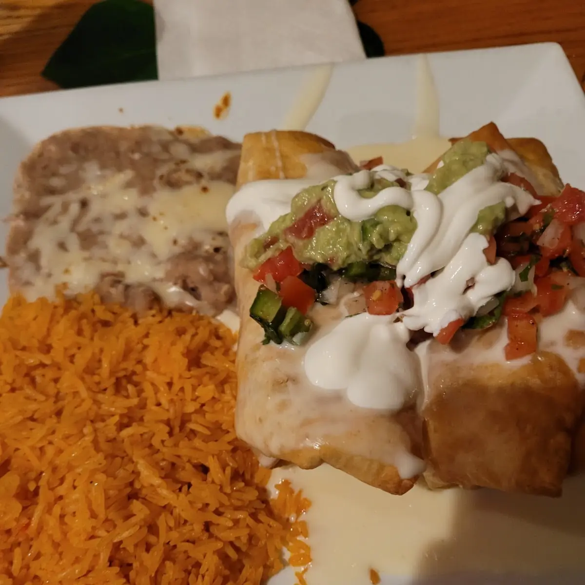 Chimichanga Meal with Rice and Refried Beans