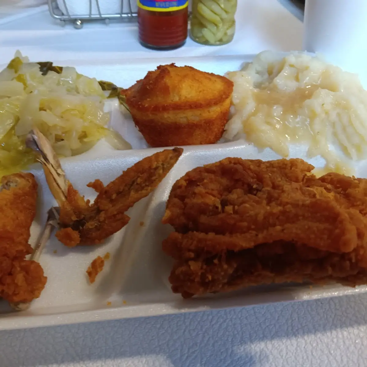 Fried Chicken with Mashed Potatoes and Cabbage with Cornbread and Sweet Tea