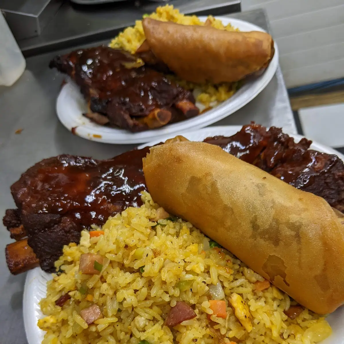 Egg Roll or Spingroll Lumpia Filipino Food BBQ Pork Rib and Fried Rice