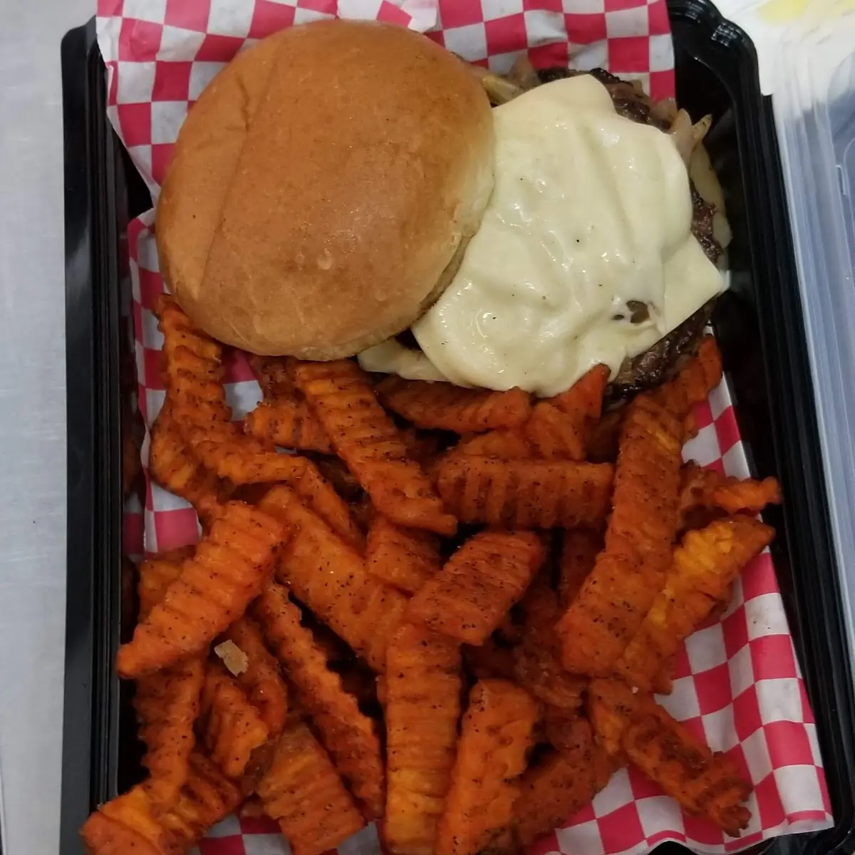 Onion Burger with Sweet Potato Fries