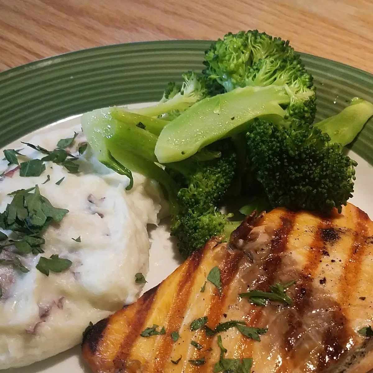 Cedar Salmon with Steamed Broccoli and Garlic Mashed Potatoes