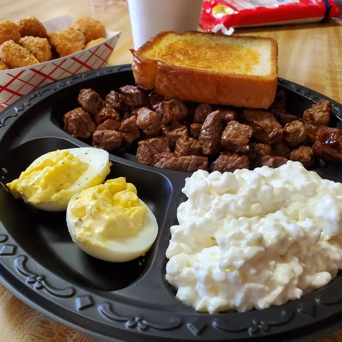 Beef Tips with Cottage Cheese Deviled Eggs and Corn Nuggets with Texas Toast