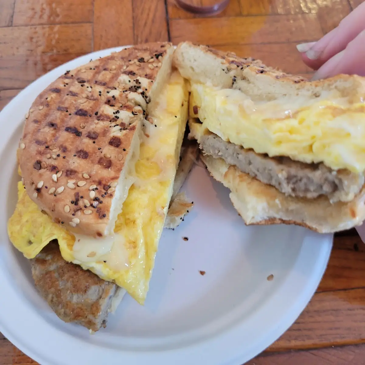 Sausage Egg and Cheese on an Everything Bagel with Cheddar Cheese