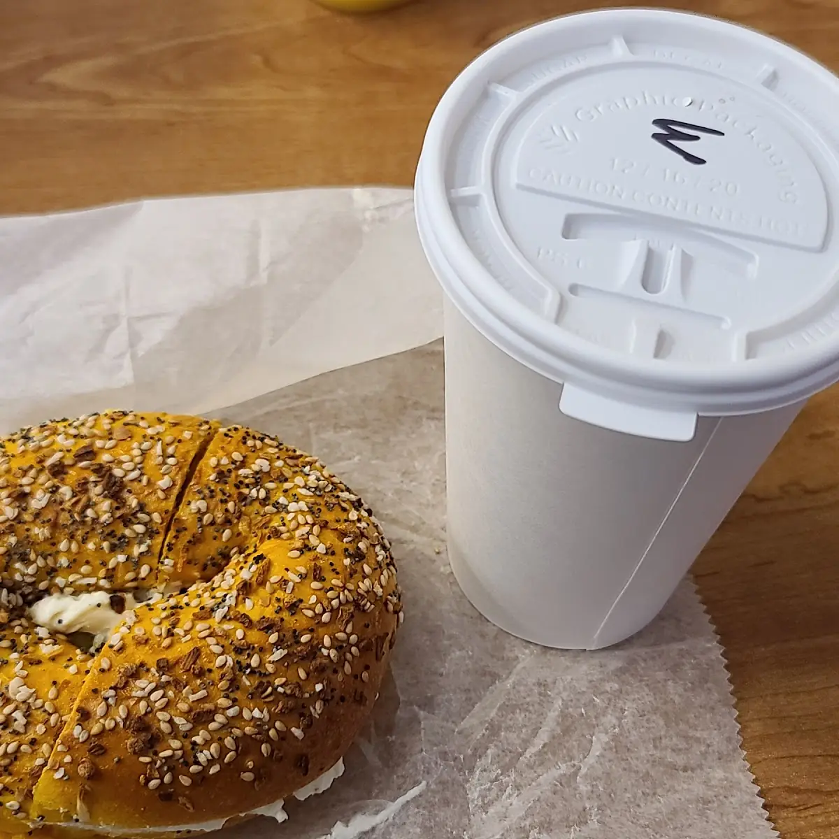 Everything Bagel with Cream Cheese and Coffee
