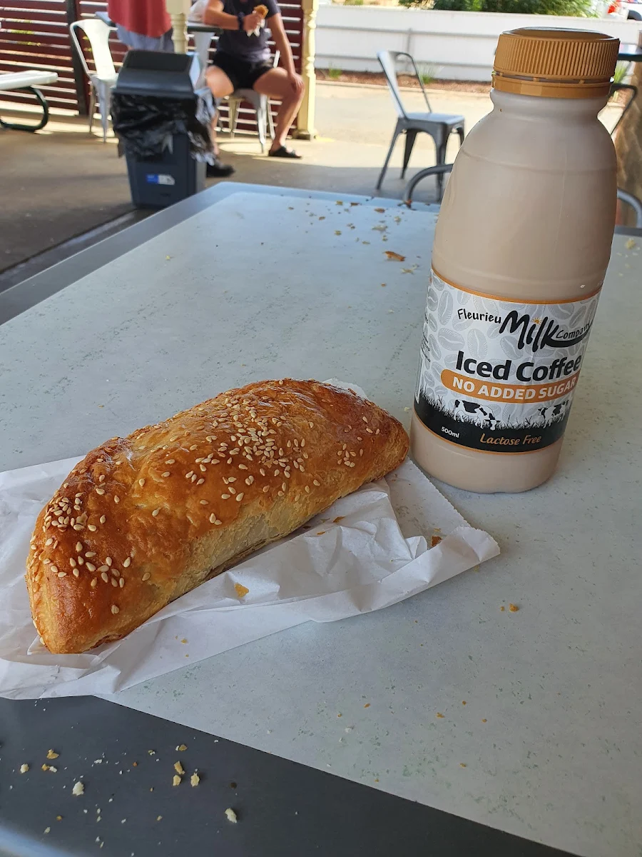 Vege and Cheese Pasty with Iced Coffee, Kiplings Bakery