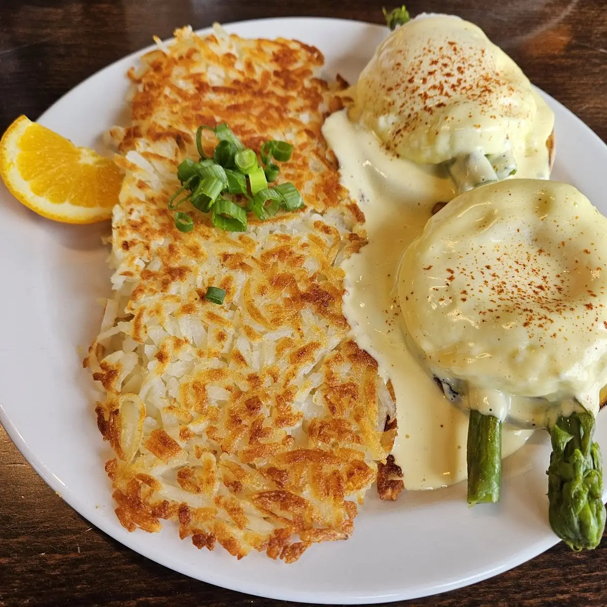 Asparagus Egg Benedict and Hashbrowns