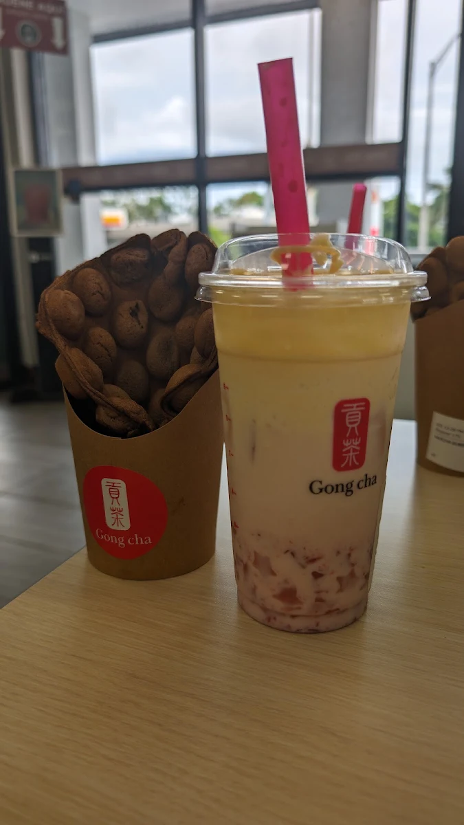 Chocolate Bubble Waffles and Strawberry Creme Brulee Milk Tea