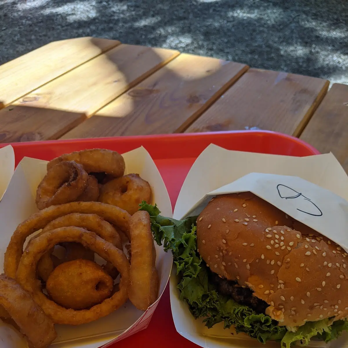 Cheeseburger Deluxe and Onion Rings