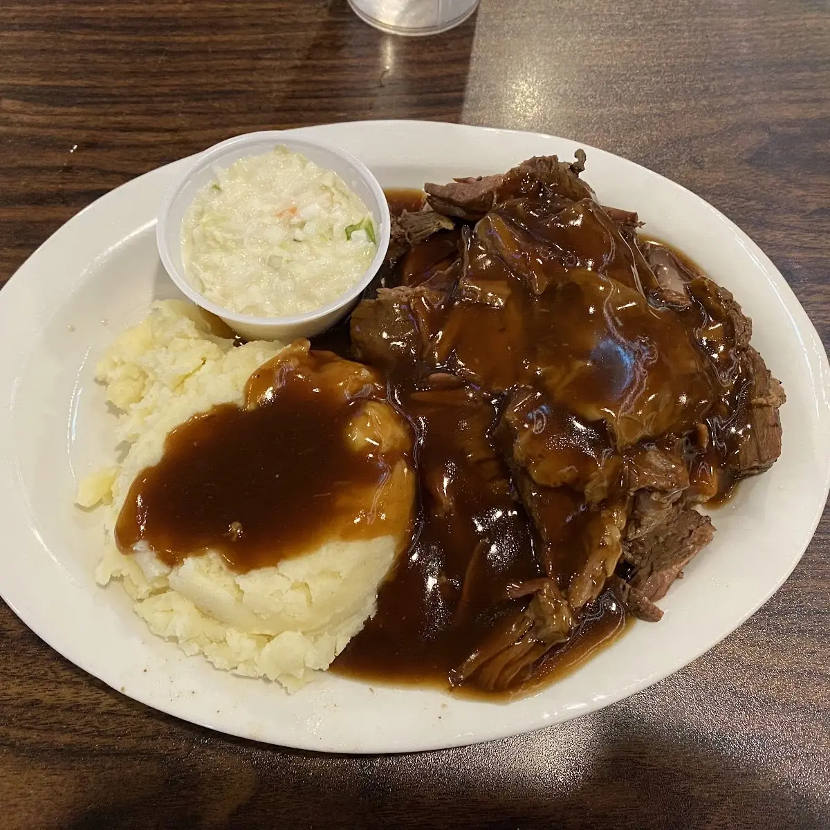 Hot Roast Beef with Mashed Potatoes & Coleslaw