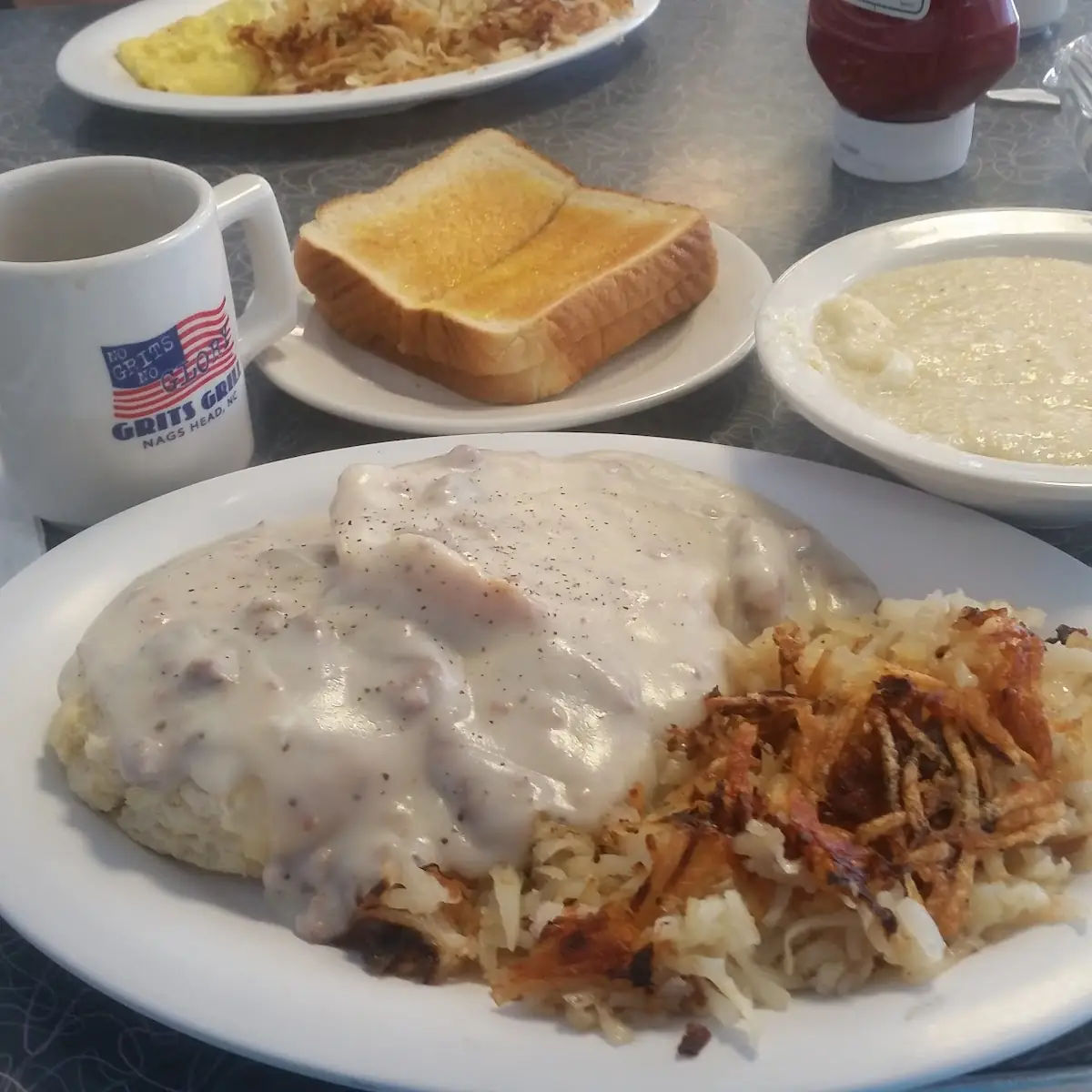 Biscuits and Gravy with Grits and Hash Brows