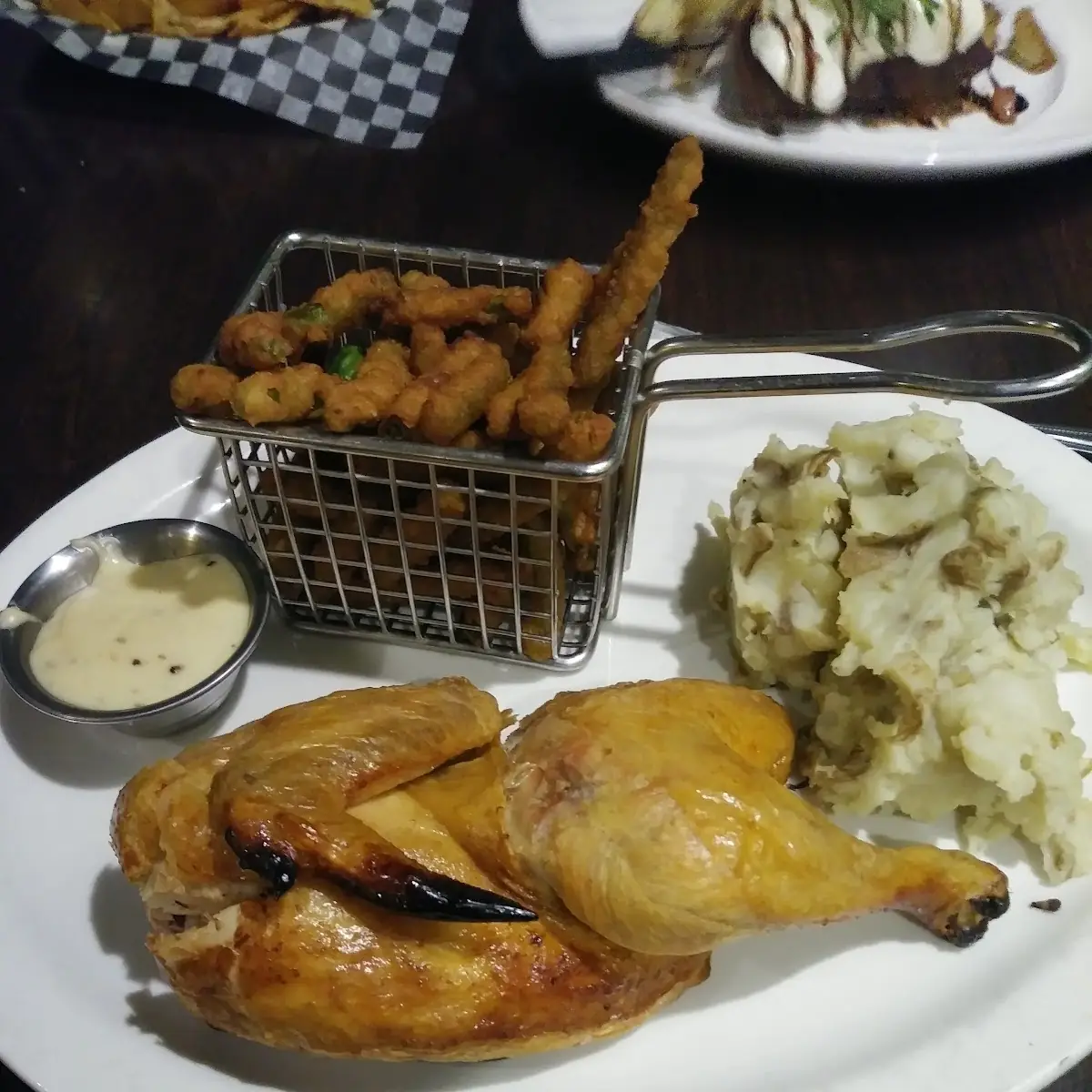 Beer Can Chicken with Smashed Potatoes and Fried Green Beans