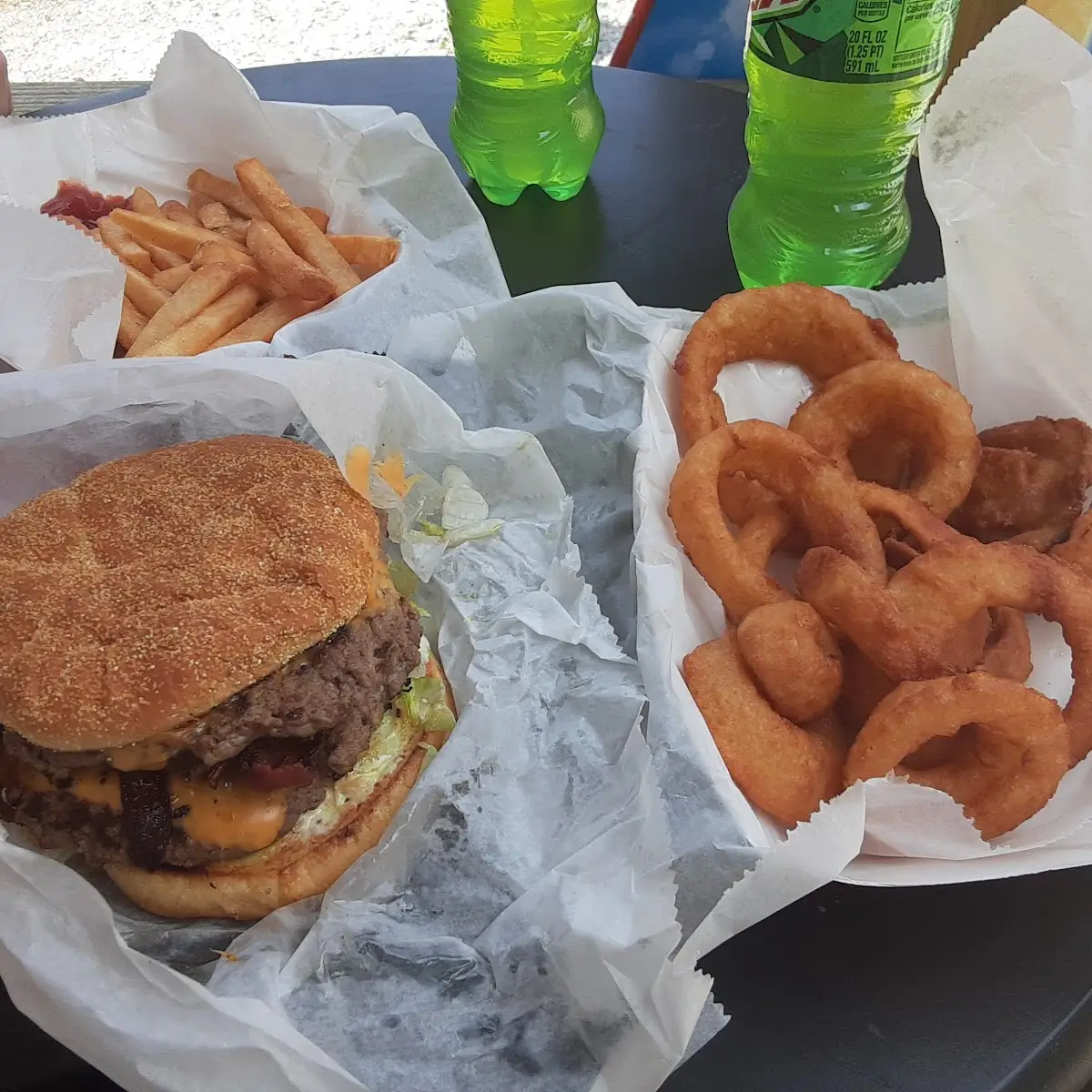 Bacon Double Cheeseburger with Onion Rings
