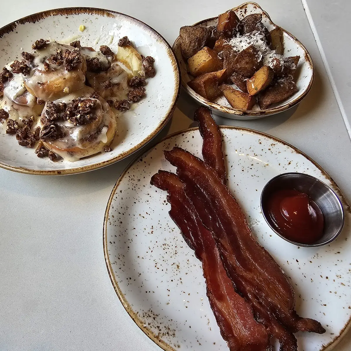 Cinnamon Rolls Bacon and Home Fries