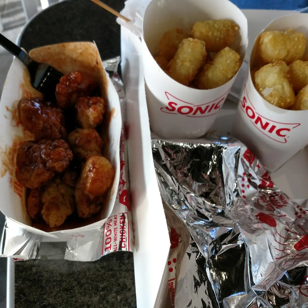 Honey BBQ Boneless Wings and Tater Tots