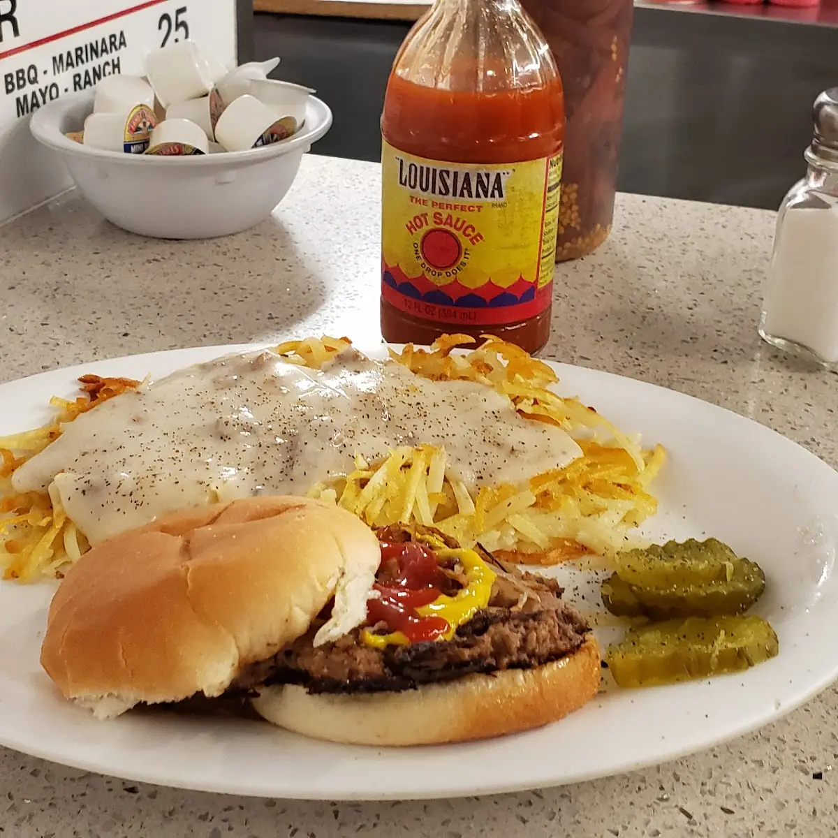 Cheeseburger w Hashbrowns N Sausage Gravy