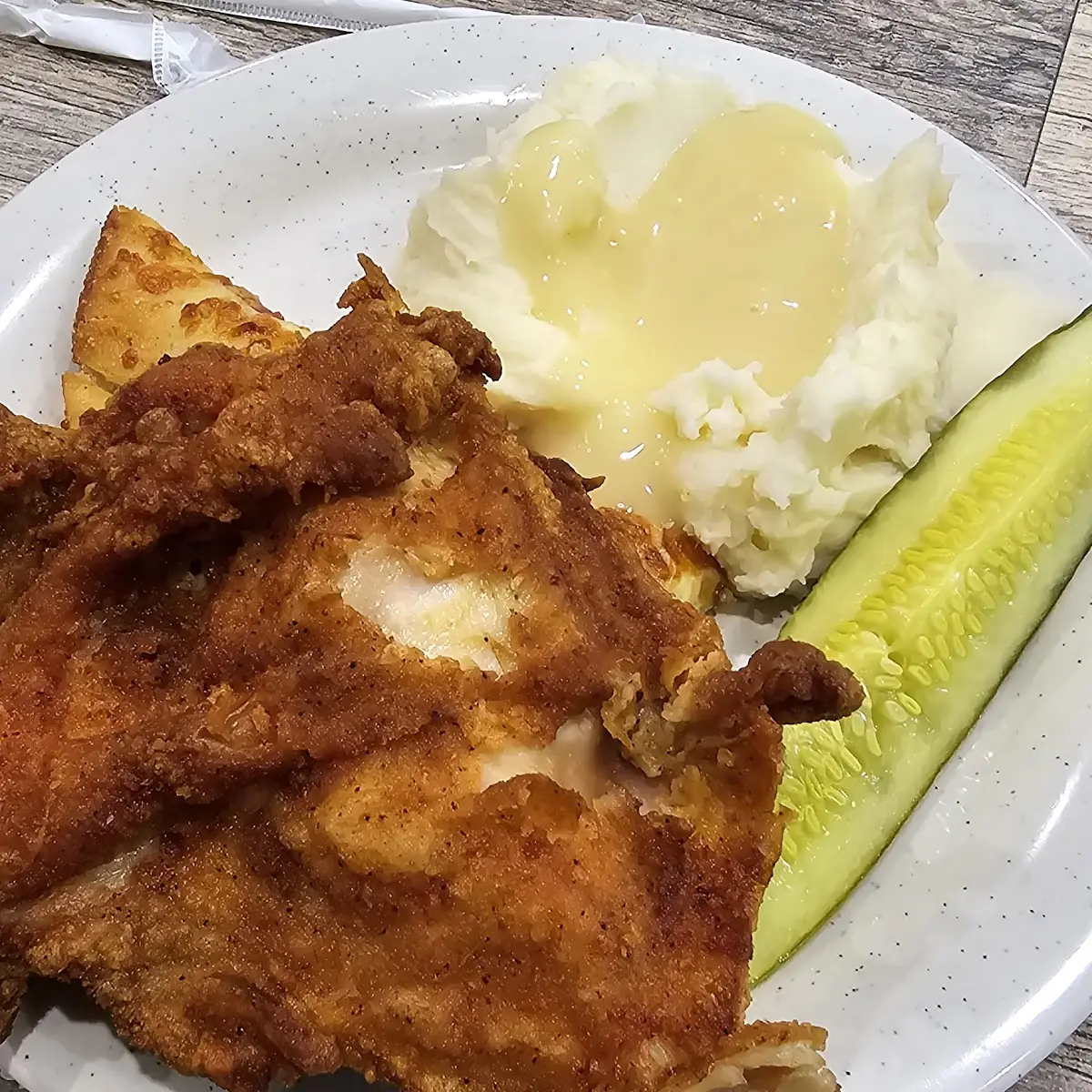 Fried Chicken and Mashed Potatoes with Gravy Pickle Spear