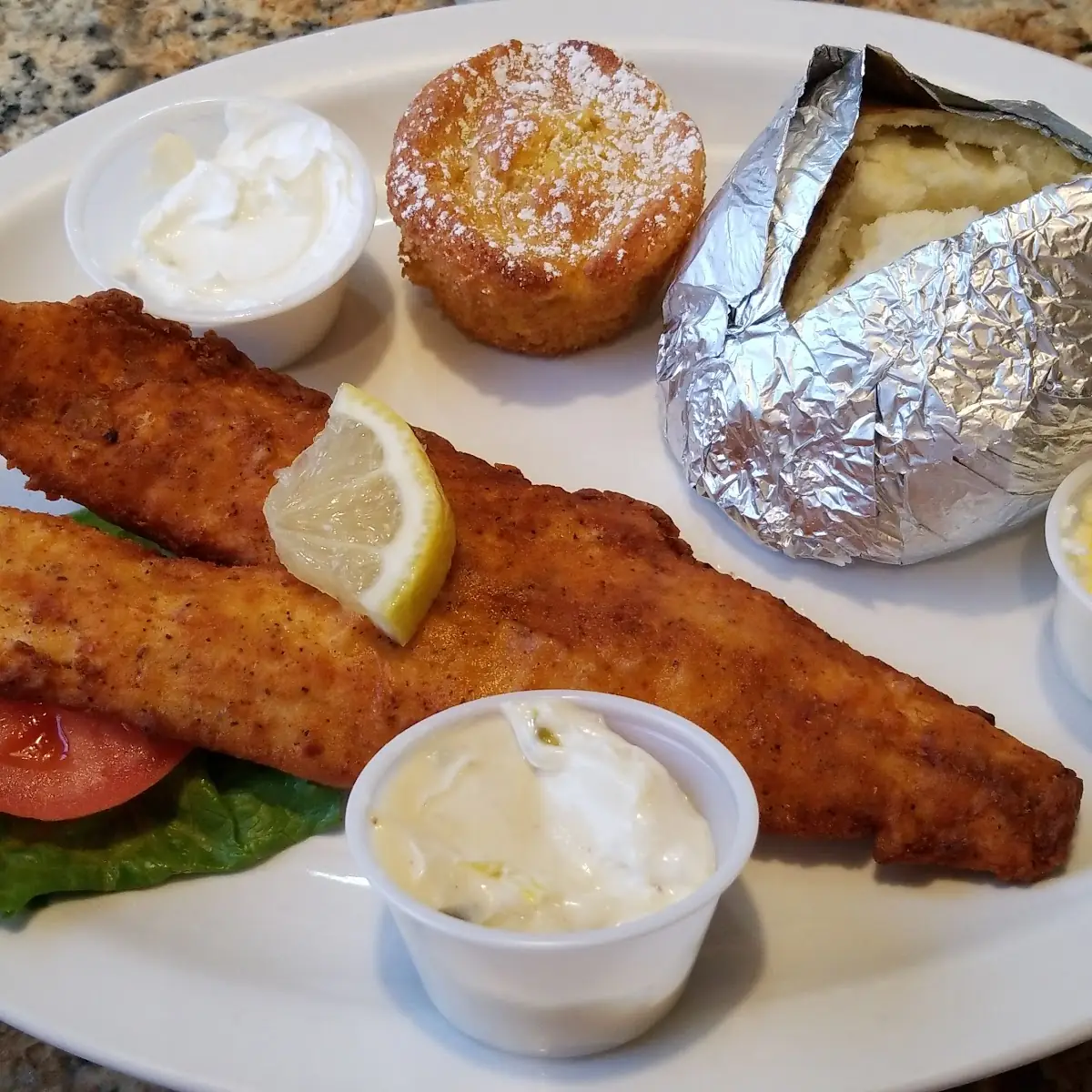 Breaded Walleye Dinner with Baked Potato