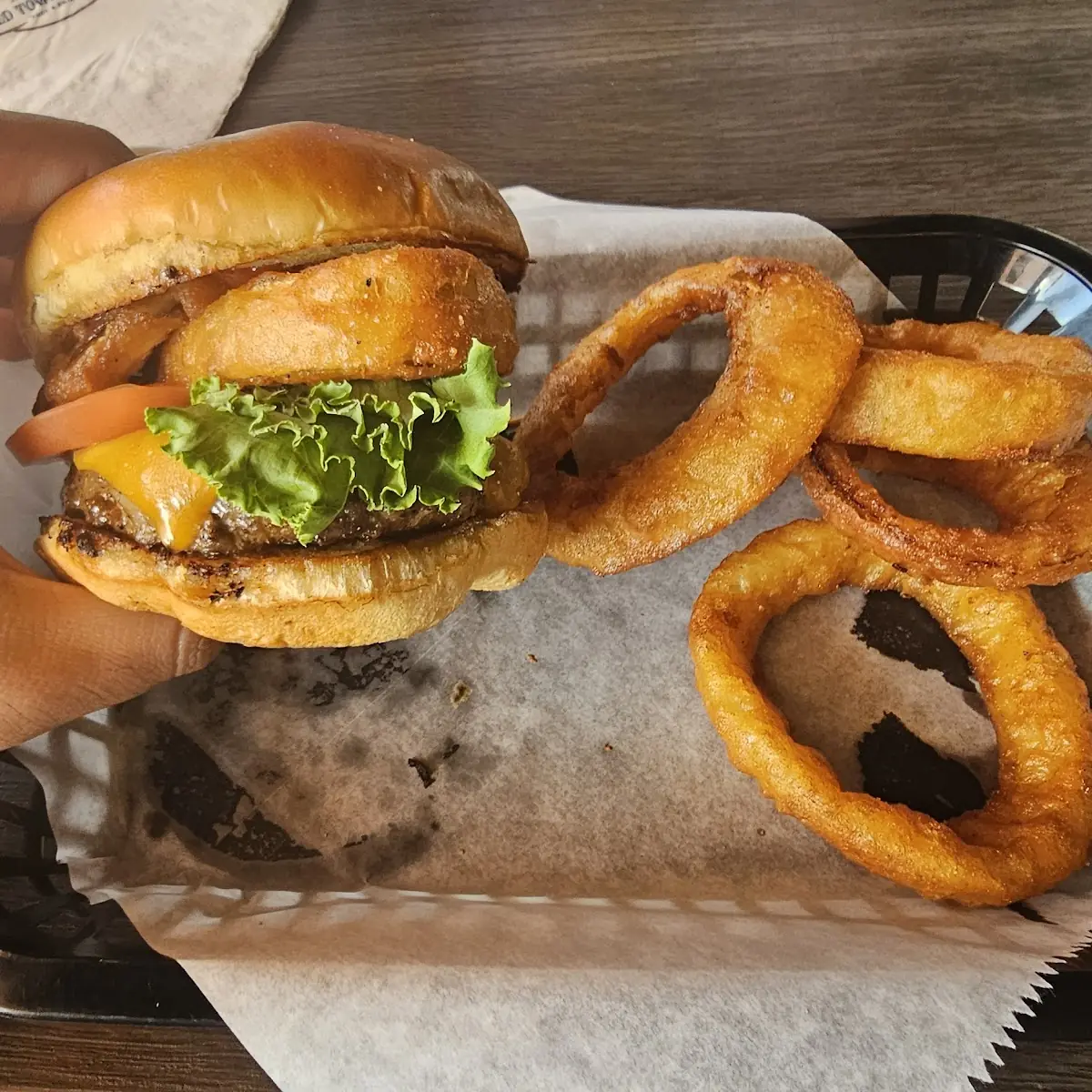 Old Town Burger with Cheddar Cheese and Onion Rings