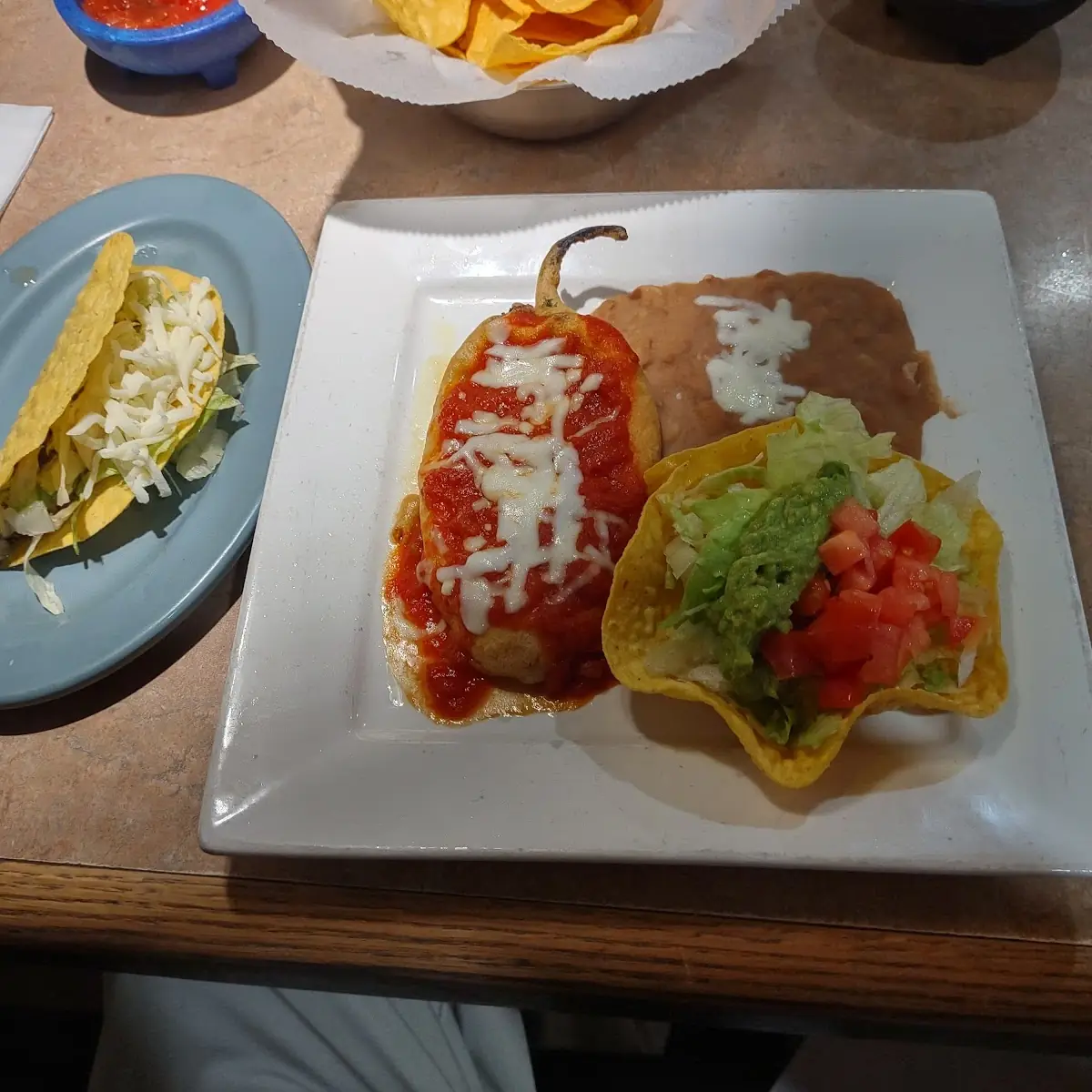 Chile Relleno Beans Guacamole Salad and Taco