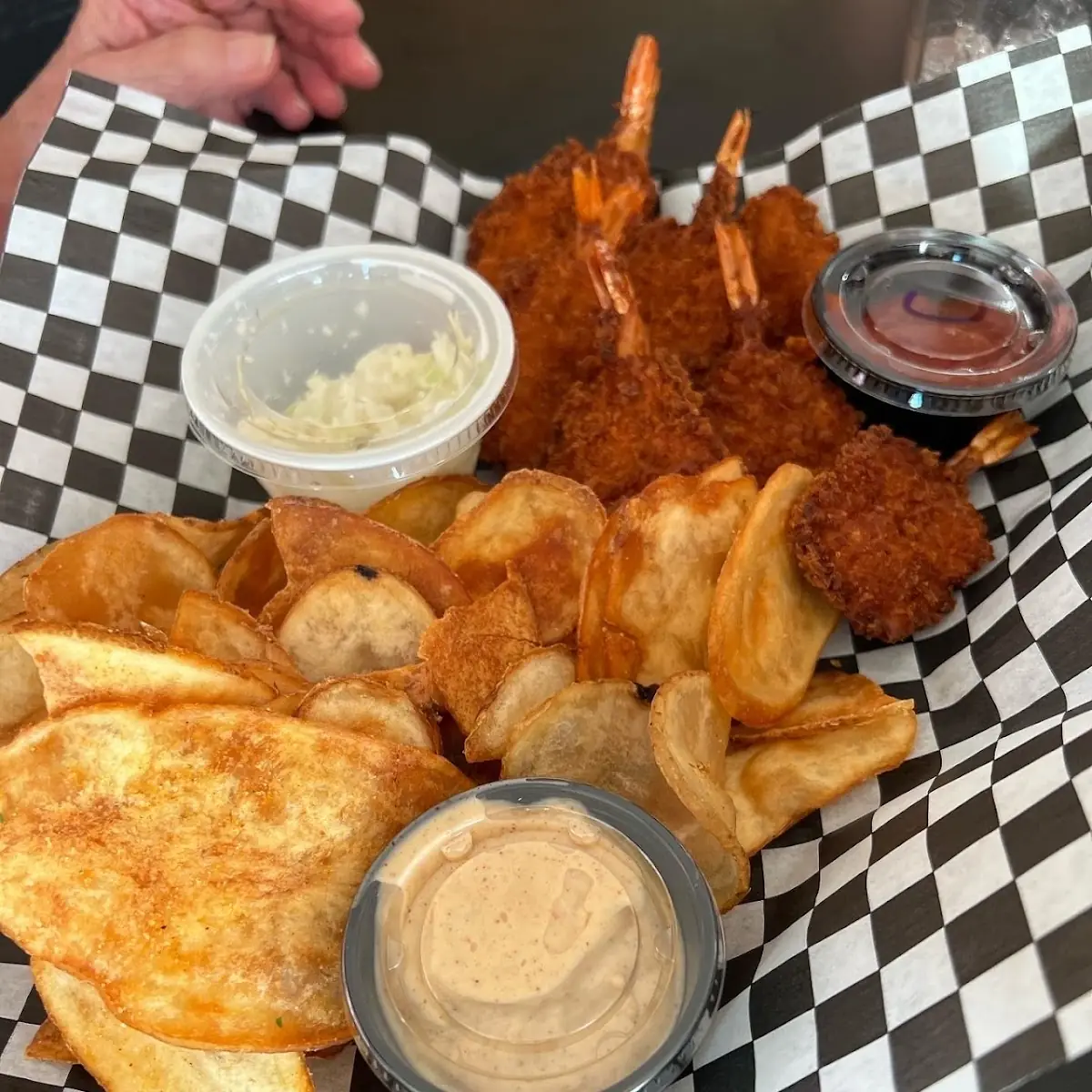 Fried Shrimp and Homemade Chips and Dips