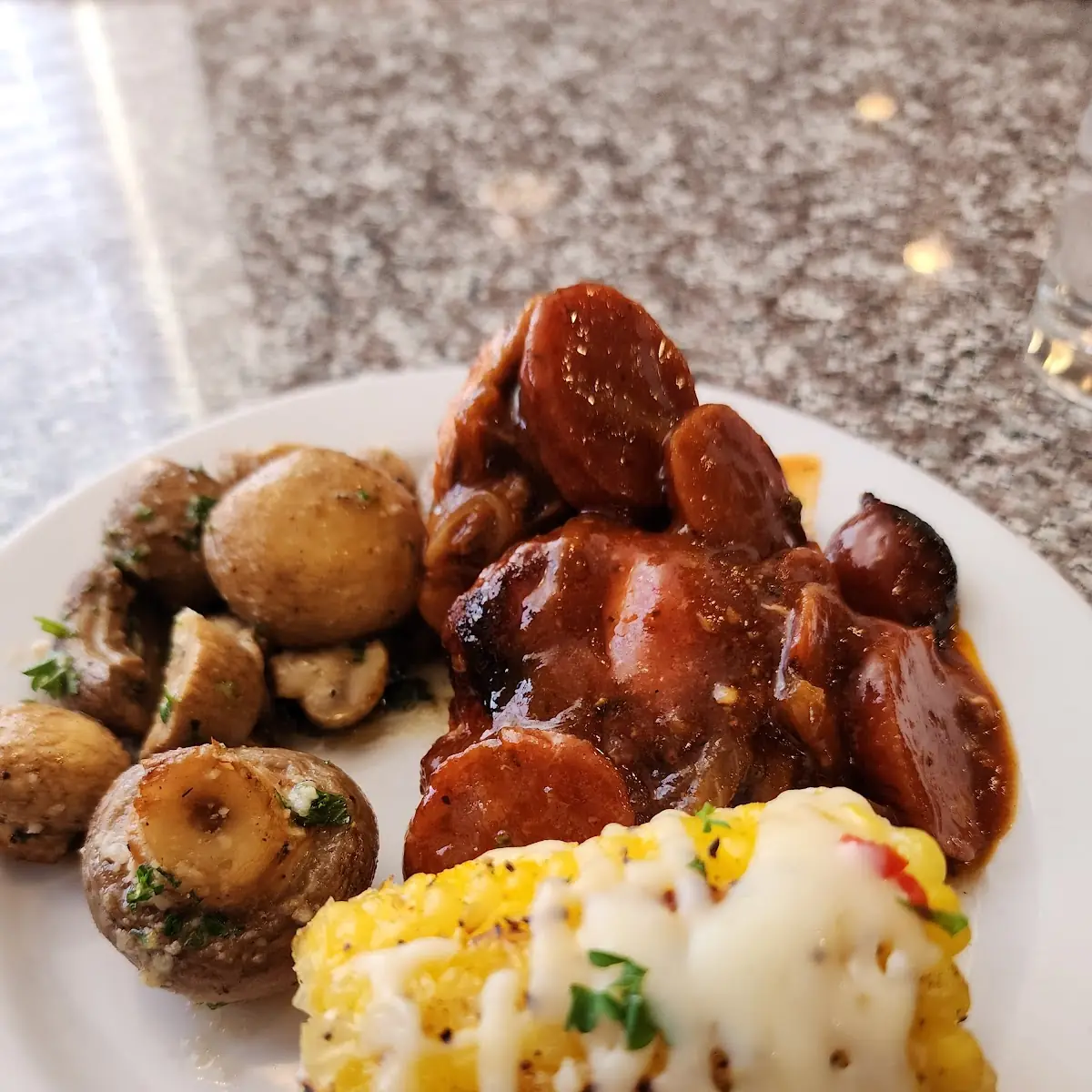 Corn on the Cobb BBQ Sausage and Sauteed Mushrooms
