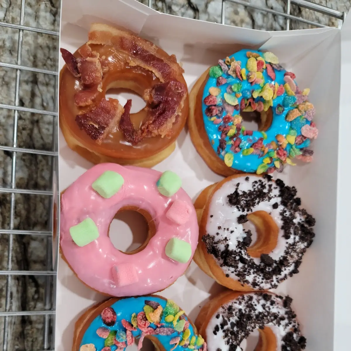 Maple Bacon Marshmallow Oreo Blue Raspberry with Fruity Pebbles Donuts