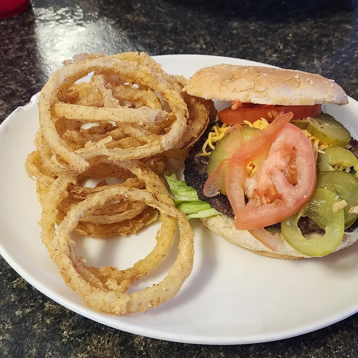 Burger and Onion Rings