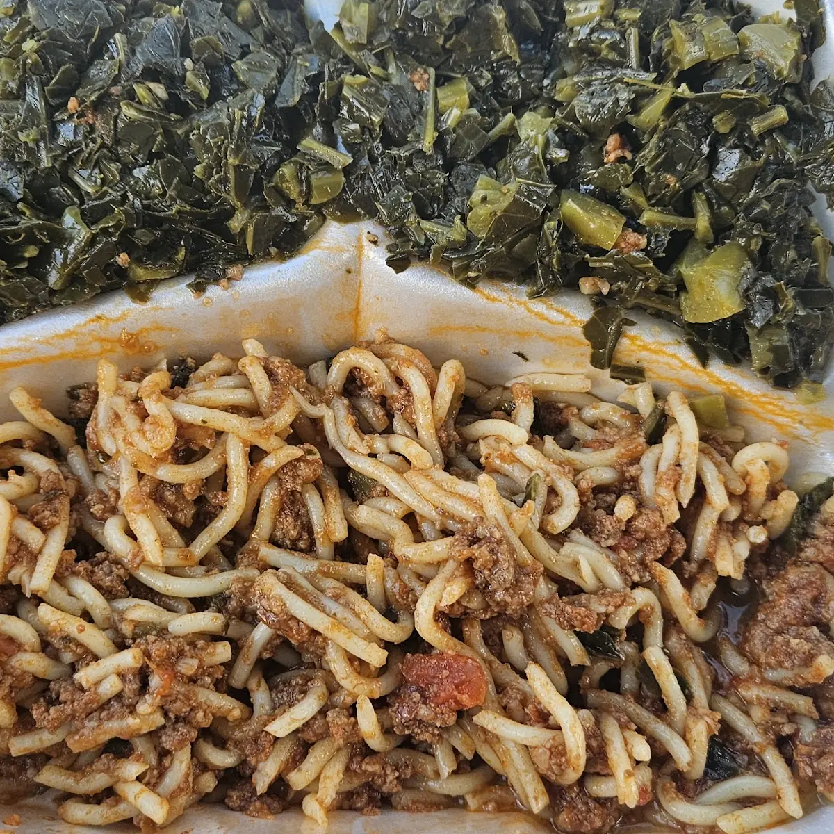 Baked Spaghetti and Collard Greens