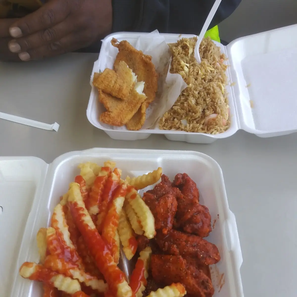 Hot Lemon Pepper Wings and Catfish with Shrimp Fried Rice