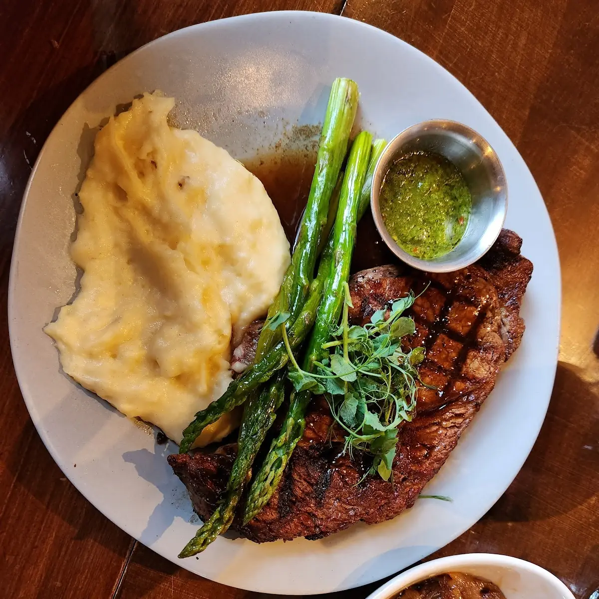 Grilled Flat Iron Steak Garlic Whipped Potatoes & Broccoli