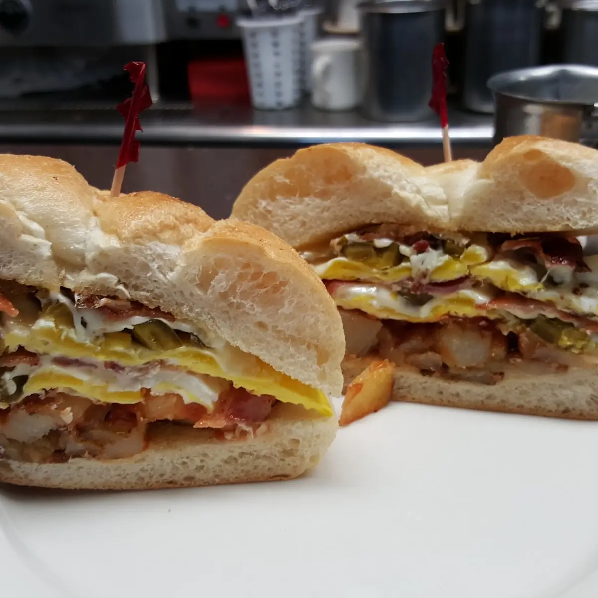 Double Egg Double Bacon Double Cheese Jalapenos and Homefries w Ketchup and Hot Sauce
