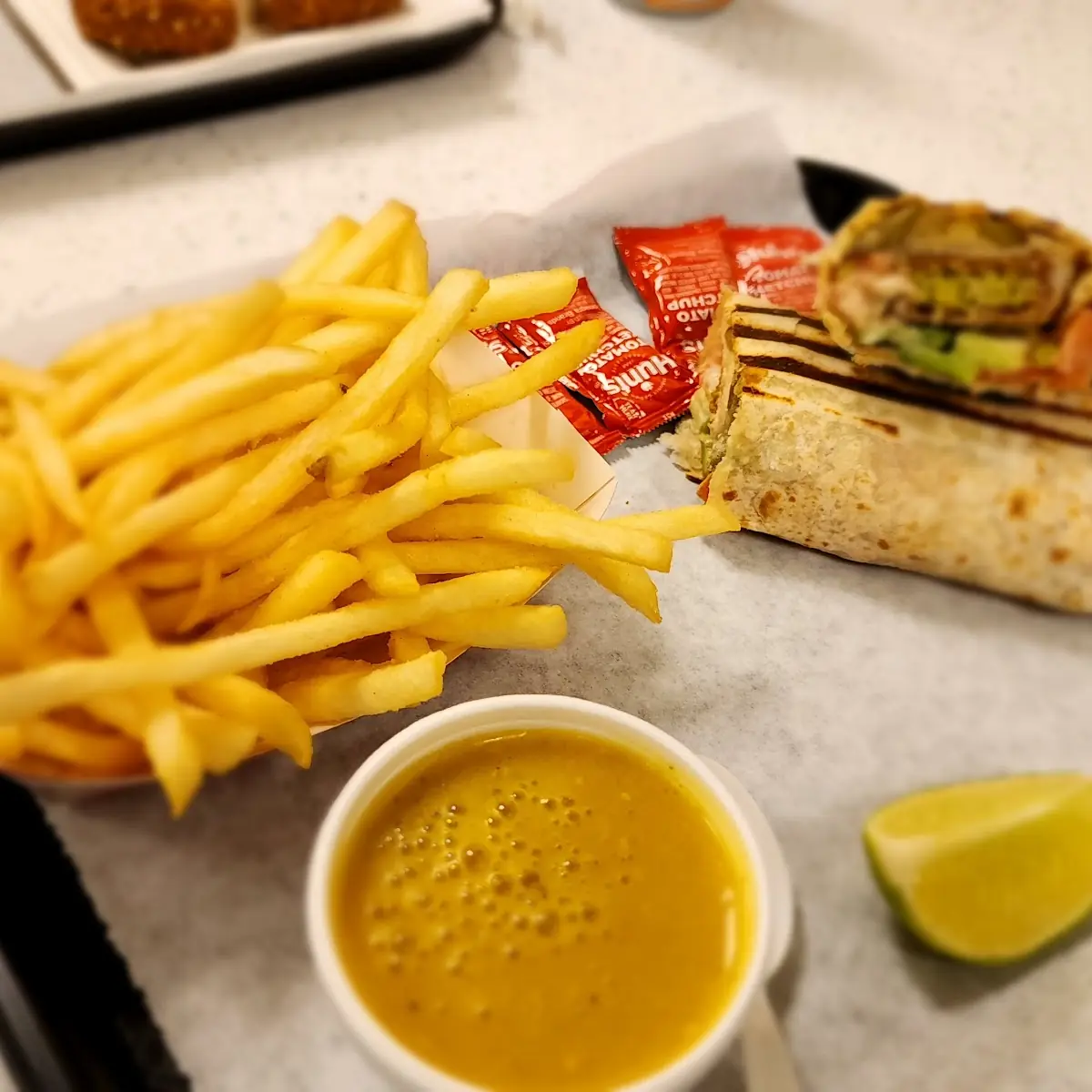 Falafel Sandwich with Fries and Lentil Soup