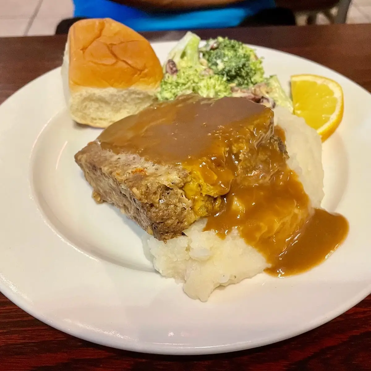 Meatloaf with Mashed Potatoes and Broccoli Salad
