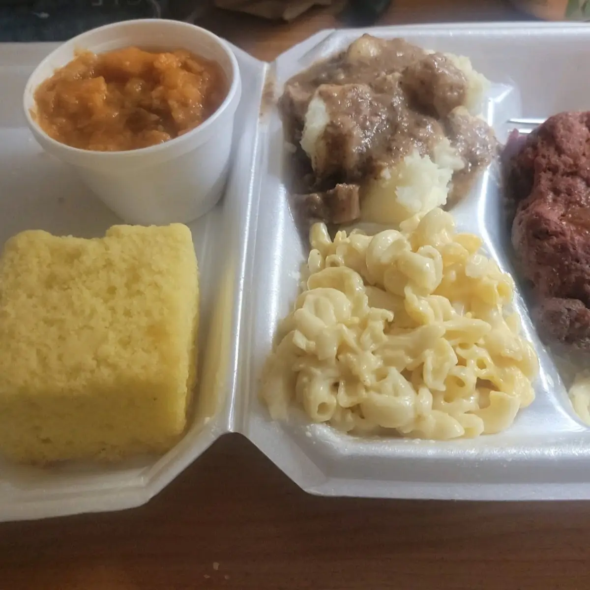 Meatloaf Mac N Cheese Mashed Tators Yams and Cornbread