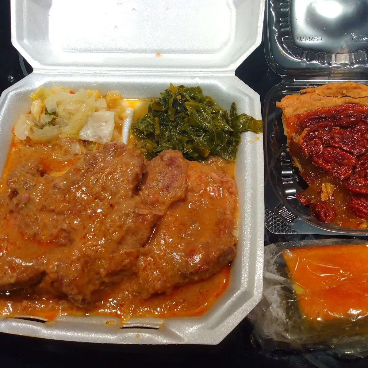 Smothered Pork Chops Cabbage Collard Greens Pecan Pie Cornbread
