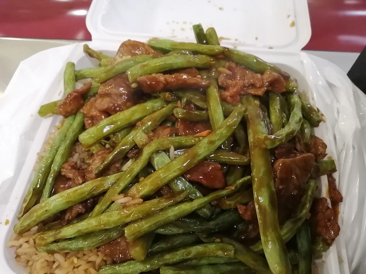 Fried Beef and Green Beans on Fried Rice