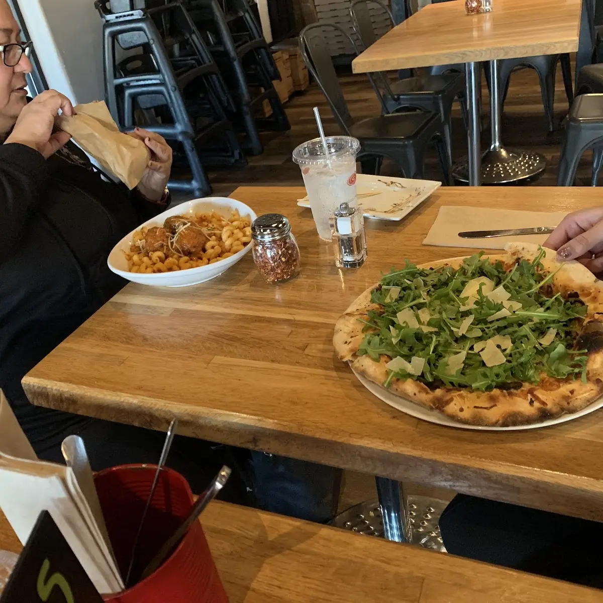 Macaroni and Cheese Meatballs and Arugula Pizza