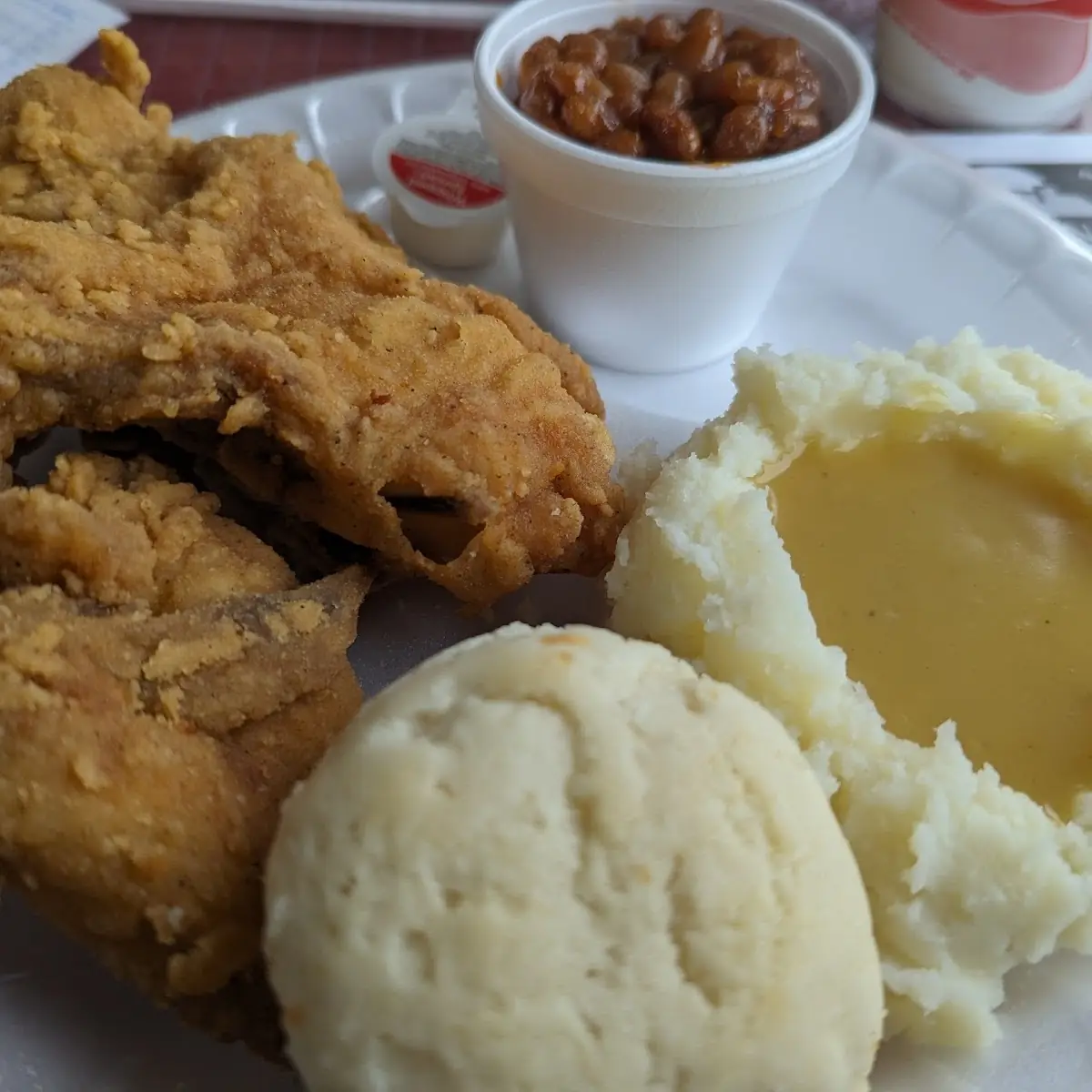 2 Piece All White Meat Chicken Meal with Baked Beans Mashed Potatoes with Gravy and a Biscuit
