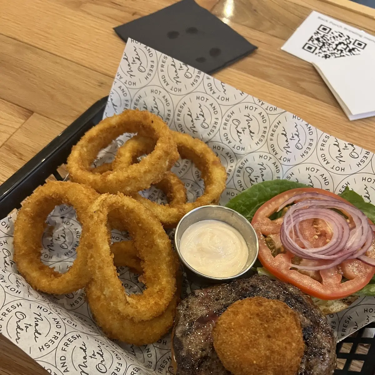 Goat Cheese Burger with Onion Rings