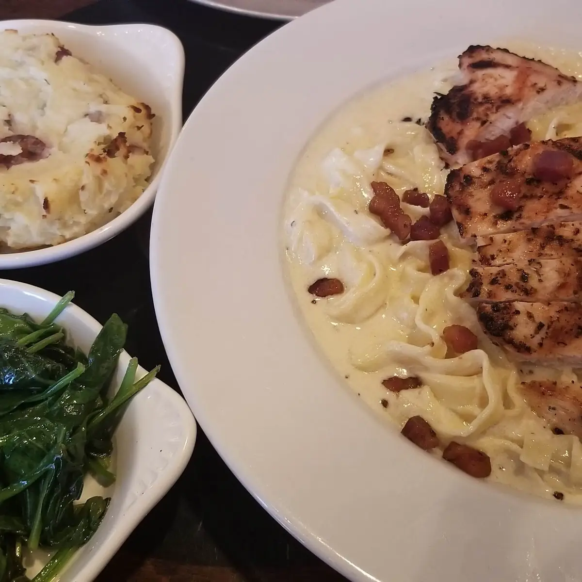 Chicken Alfredo with Mashed Potatoes and Sauteed Spinach